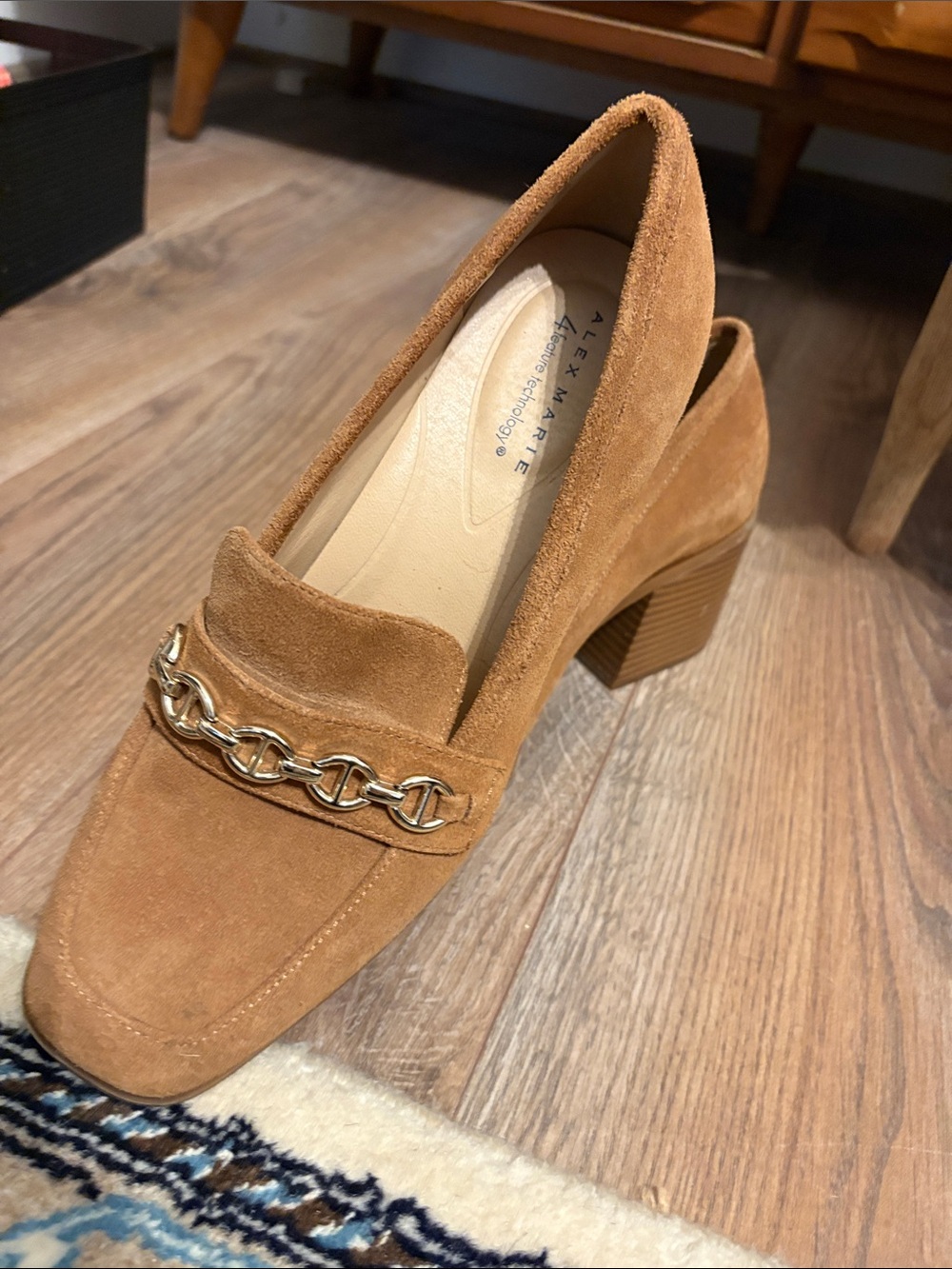 Alex Marie Caramel Suede Block Heel Loafer with Gold Chain
